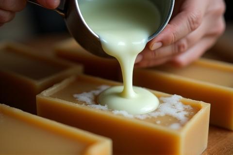 Close-up view of hands carefully pouring liquid soap mixture from a pot into rectangular wooden molds.