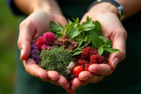 Skilled hands holding fresh, vibrant botanical ingredients like herbs, flowers, and roots, ready for use.